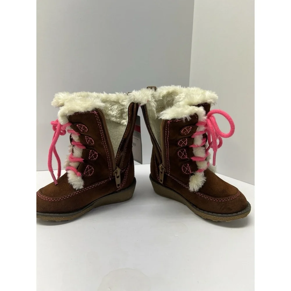Carter's Lindsay-C Winter Boots Toddler 5 Brown Pink‎ Faux Fur Floral Embroidery